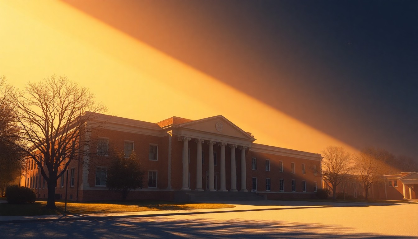 A serene, nostalgic painting of a university administration building, its windows and facade illuminated by warm, angled sunlight, conveying a sense of quiet contemplation and unease about the institution's future.