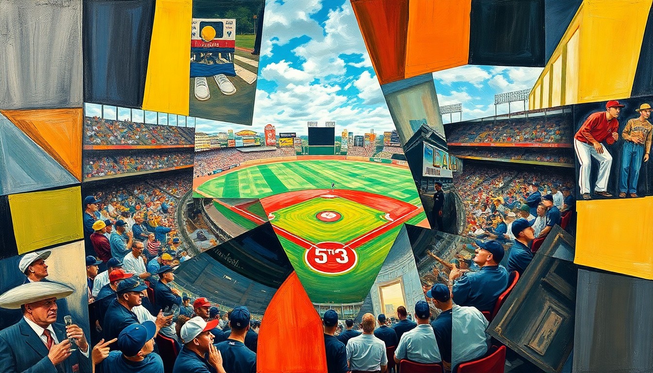 A cubist, geometric painting depicting a baseball game or match broken down into sharp, overlapping planes of color and shape, conveying the energy and movement of the sport.