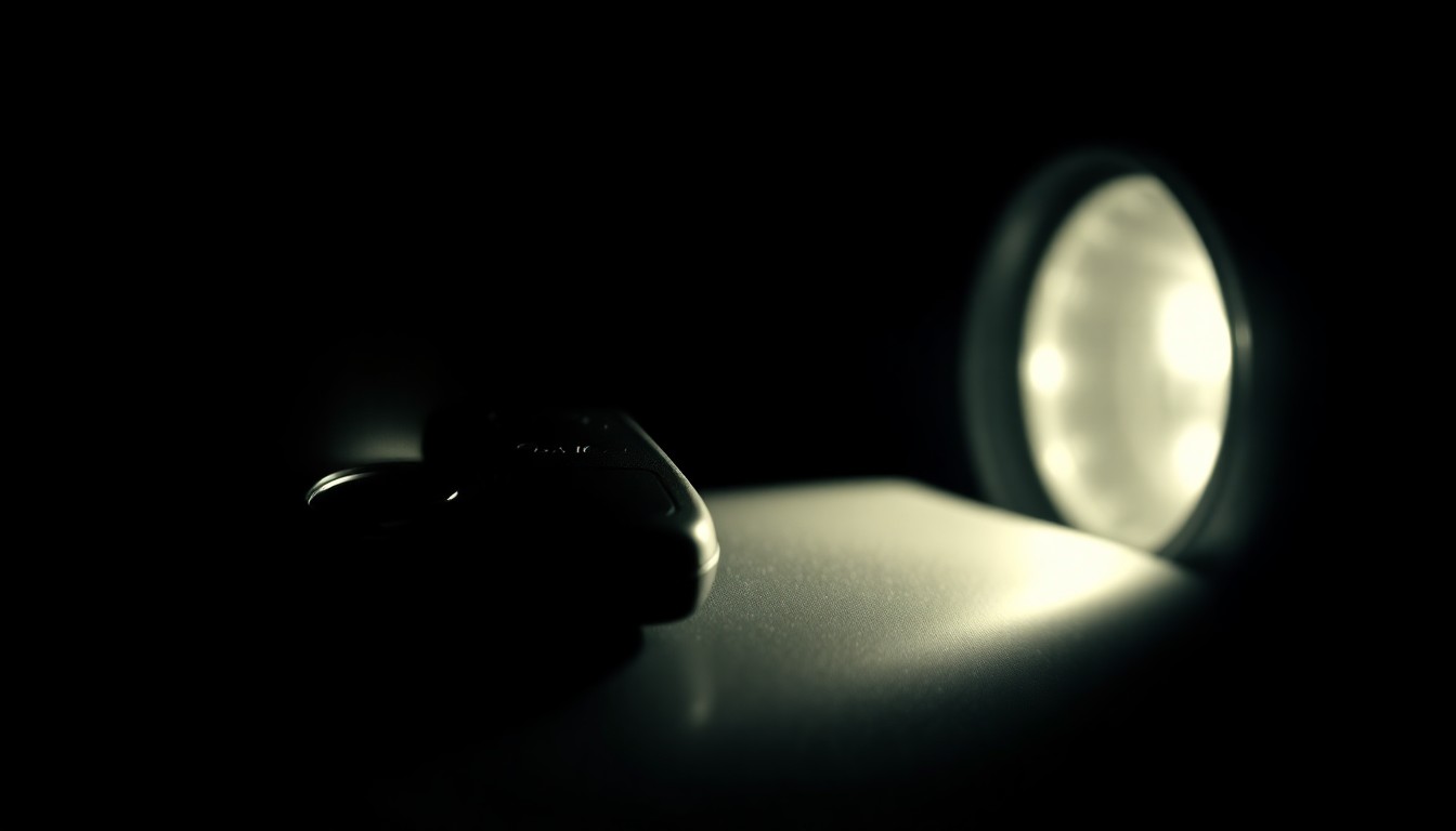 An extreme close-up photograph of a car key or car part, such as a side mirror or hubcap, lit by a harsh, direct camera flash against a pitch-black background, creating a stark, gritty, investigative aesthetic that conceptually represents the criminal investigation into the Motorsports Hall of Fame.