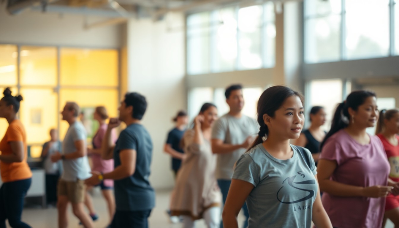 A blurred, impressionistic photograph showing silhouettes of people engaged in various activities at a YMCA facility, conveying a sense of community and wellness.