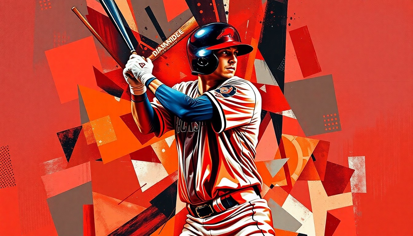 A fragmented, cubist-style painting depicting a baseball player swinging a bat, broken down into sharp, overlapping geometric shapes in the Diamondbacks' team colors of red, black, and copper, conveying the disruption caused by the player's injury.