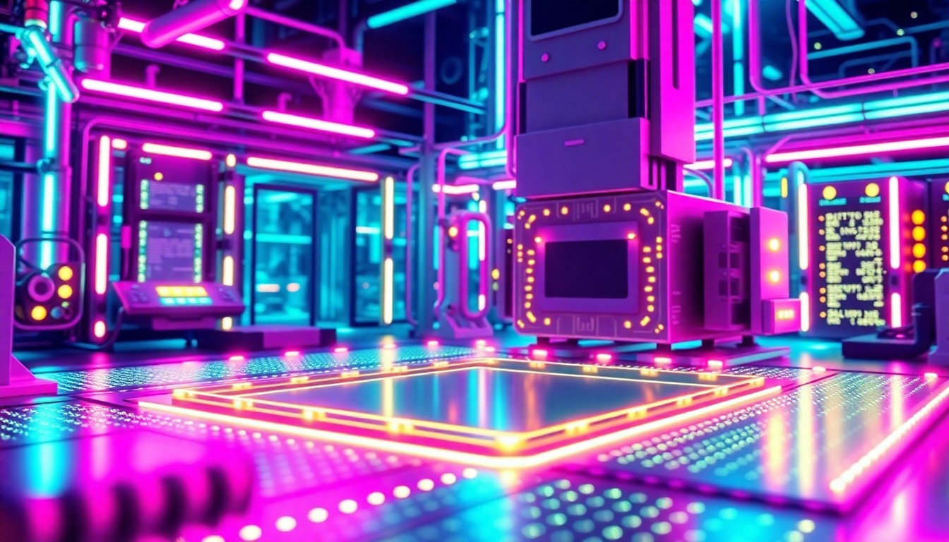 A highly detailed, glowing 3D illustration of a futuristic silicon wafer and chip fabrication equipment, bathed in neon cyan and magenta lights, conceptually representing the advanced manufacturing technology powering the Terafab project.