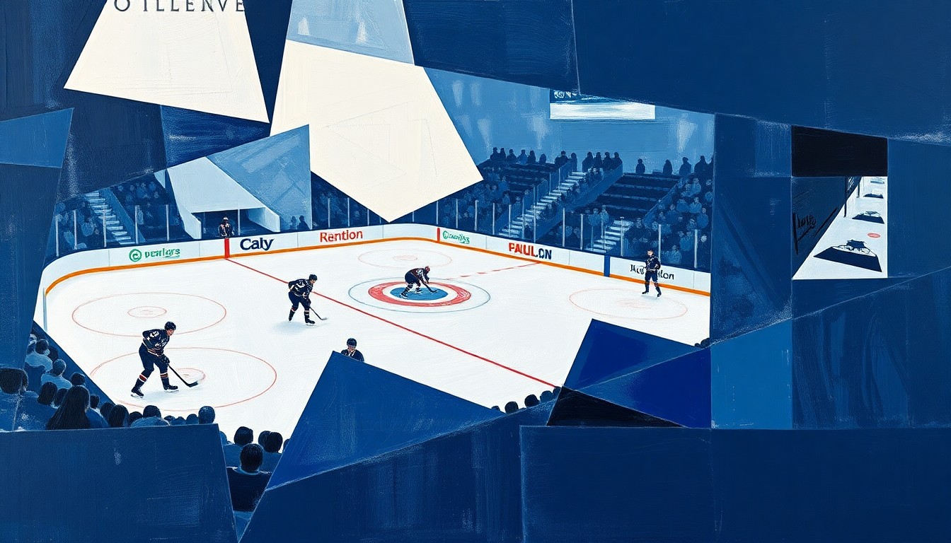 A cubist, geometric painting depicting the action and energy of a college hockey game, with players and the rink broken down into sharp, overlapping planes of navy, white, and silver.