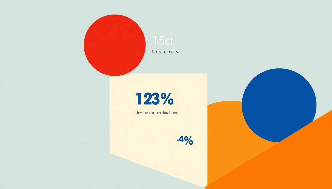 An abstract geometric illustration using bold shapes and primary colors to conceptually represent the key economic elements of Suffolk's proposed municipal budget, including tax rate changes, utility fee adjustments, and employee compensation shifts.