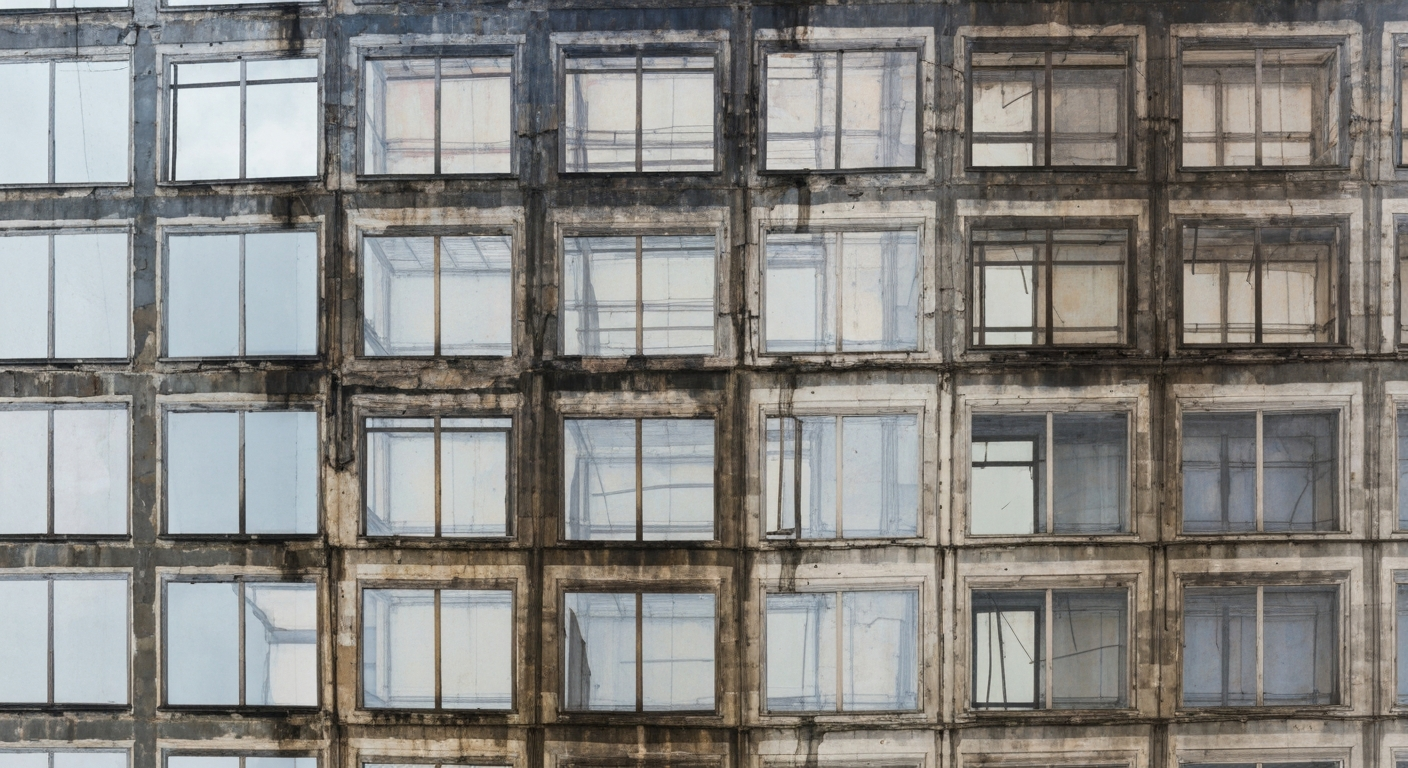 An extreme close-up X-ray photograph revealing the ghostly, decaying internal structures of a building facade, conceptually illustrating the hidden health risks that linger from the 9/11 attacks.