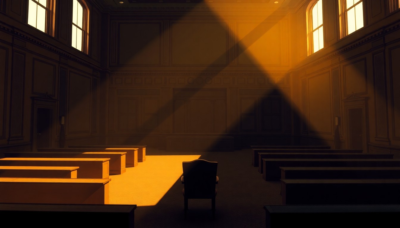 A quiet, cinematic painting of an empty city council chamber, with a single chair left behind and the room bathed in warm, diagonal sunlight and deep shadows, conveying a sense of political tension and unresolved conflict.