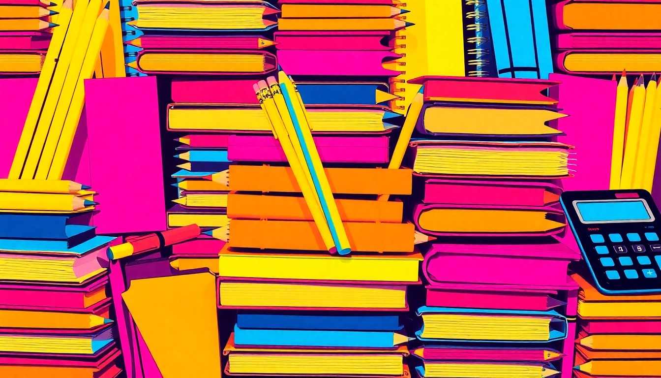 A bold, colorful silkscreen print featuring repeating patterns of school supplies like pencils, notebooks, and a calculator, conceptually representing the Cherokee Nation's commitment to educational funding.