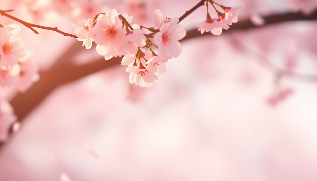 An extremely abstracted, out-of-focus photograph in soft pools of warm pink, white, and green hues, depicting the delicate, falling petals of cherry blossoms drifting through the air, creating a dreamlike, ethereal scene.