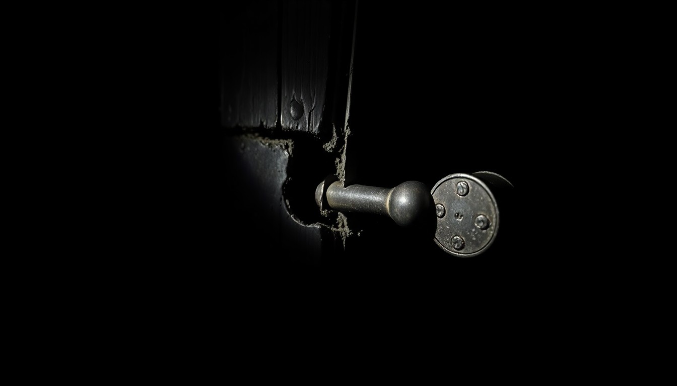 An extreme close-up photograph of a broken window lock, capturing the gritty details and stark lighting to convey the sense of a crime scene investigation.