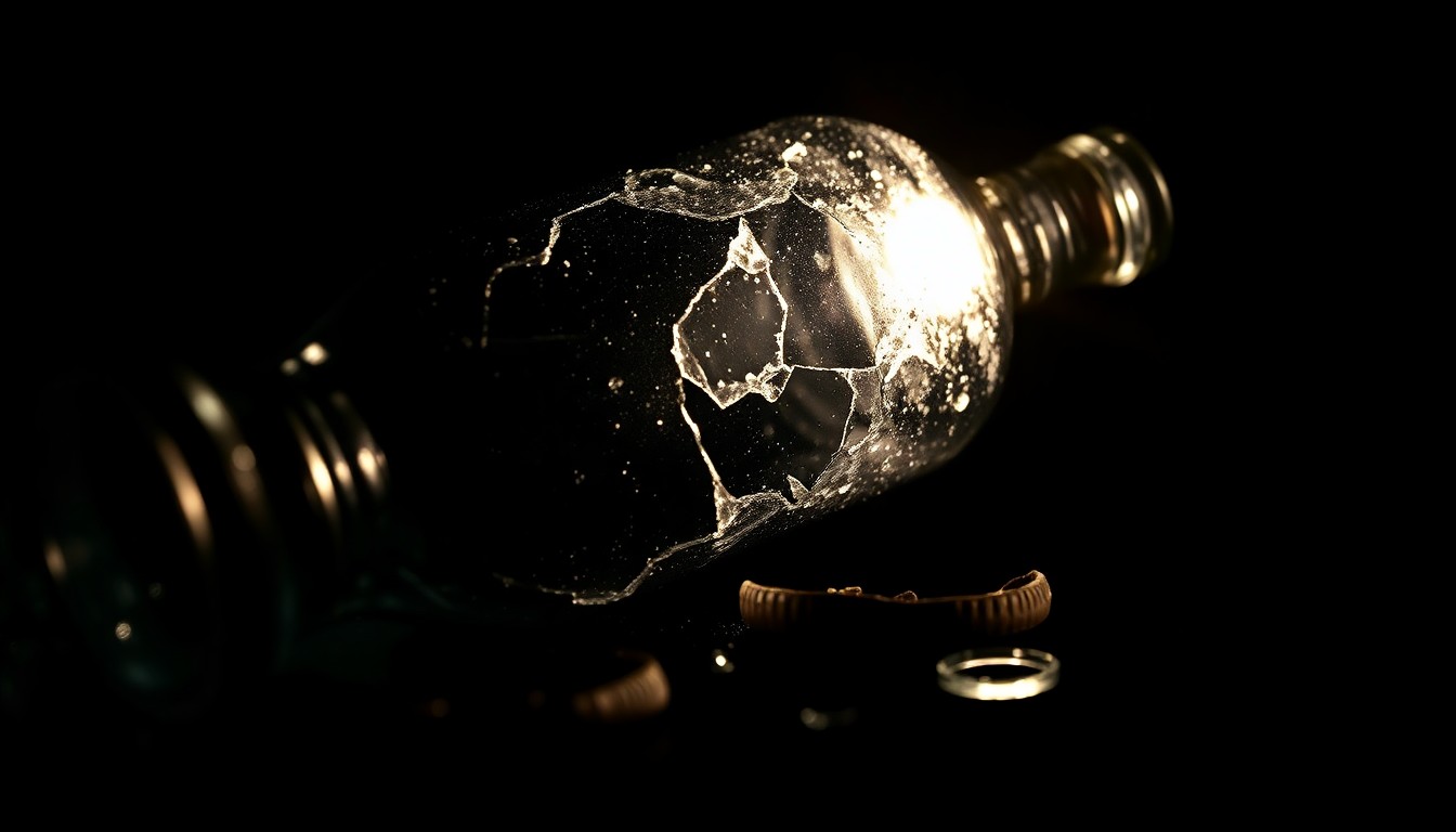 An extreme close-up photograph of a broken glass bottle or other physical evidence from a crime scene, lit by a harsh, direct camera flash against a pitch-black background, conveying a stark, gritty, and investigative aesthetic.