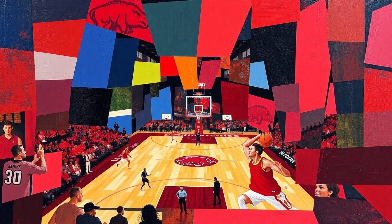 A fractured, abstract painting depicting a basketball game or match, with sharp geometric shapes and planes in the team colors of Arkansas and its opponents, conveying the concept of roster turnover and transition for the program.