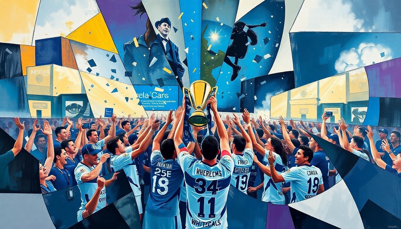 A cubist, geometric painting depicting fragmented, overlapping scenes of a sports team celebration, conveying the energy and excitement of a championship victory.