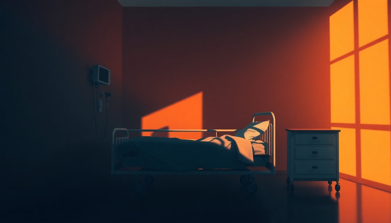 A dimly lit hospital room with a single bed in the center, the room bathed in warm, golden light streaming through the window, creating deep shadows and a sense of solitude and melancholy.