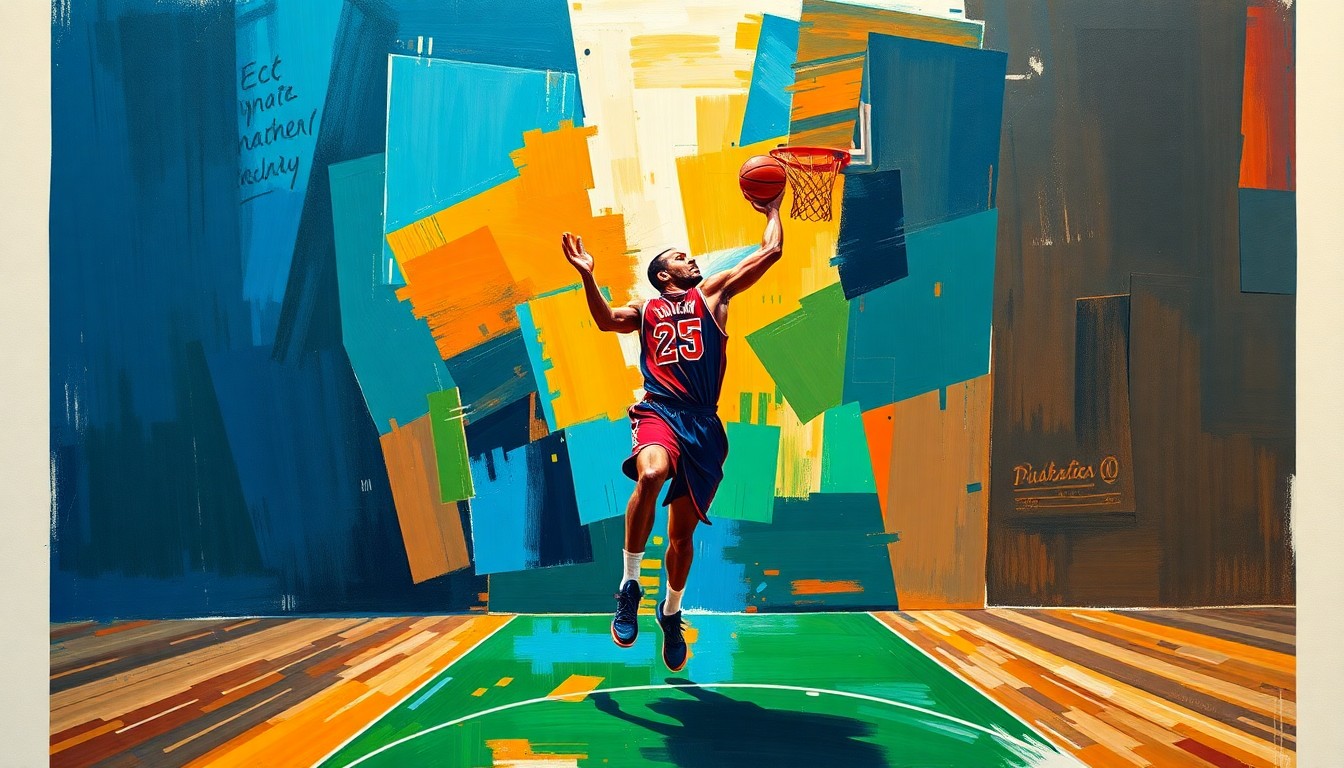 A fragmented, geometric painting depicting the powerful presence and movements of a tall basketball player, with sharp planes of color and form capturing the dynamism of their game.