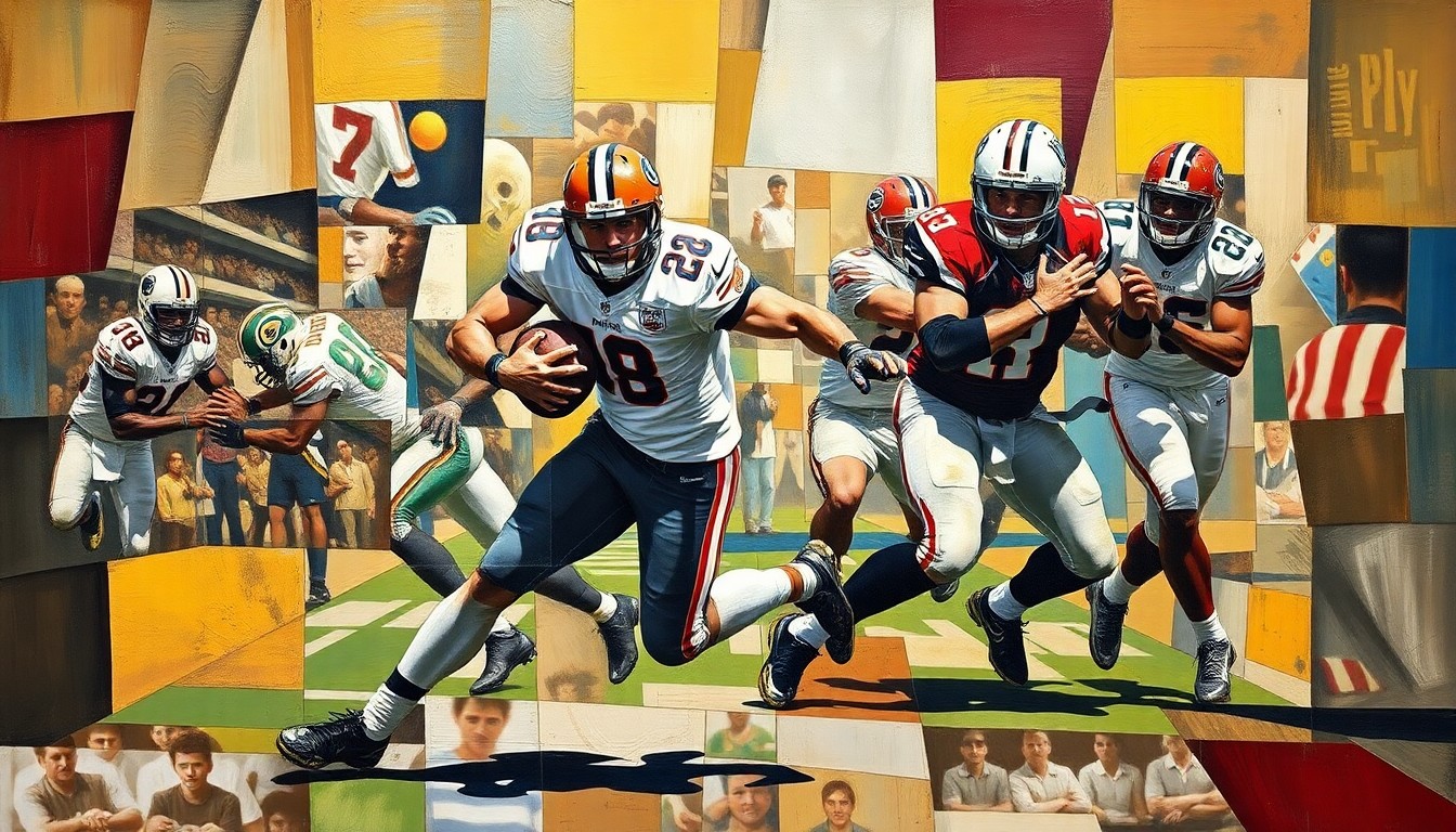 A cubist-style painting depicting a football player in motion, with their body broken down into sharp, overlapping geometric shapes and planes, conveying the dynamic energy of an edge rusher disrupting the offense.
