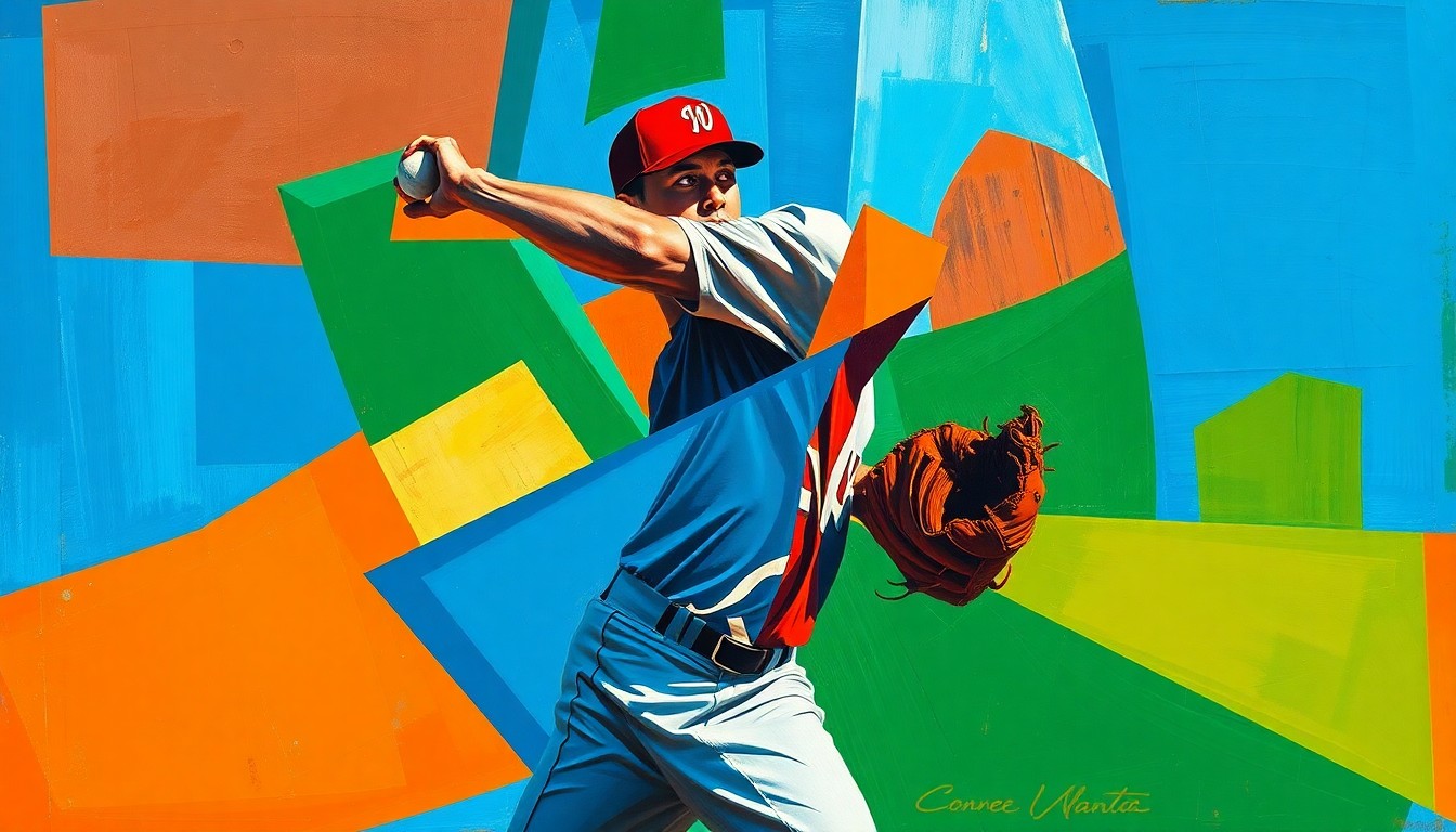 A fractured, multi-perspective painting depicting a baseball player's throwing motion broken down into sharp, overlapping geometric shapes and planes in vibrant colors, conceptually representing the mechanical challenges faced by the player.