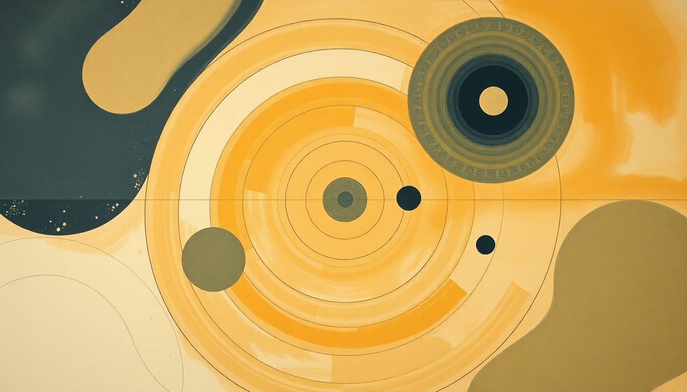 A highly structured abstract painting in soft, earthy tones of ochre, sage, and indigo, featuring sweeping geometric arcs, concentric planetary circles, intersecting waveforms, and precise botanical or physical spirals, conceptually representing the interconnected fields of science explored by the Moffett students.