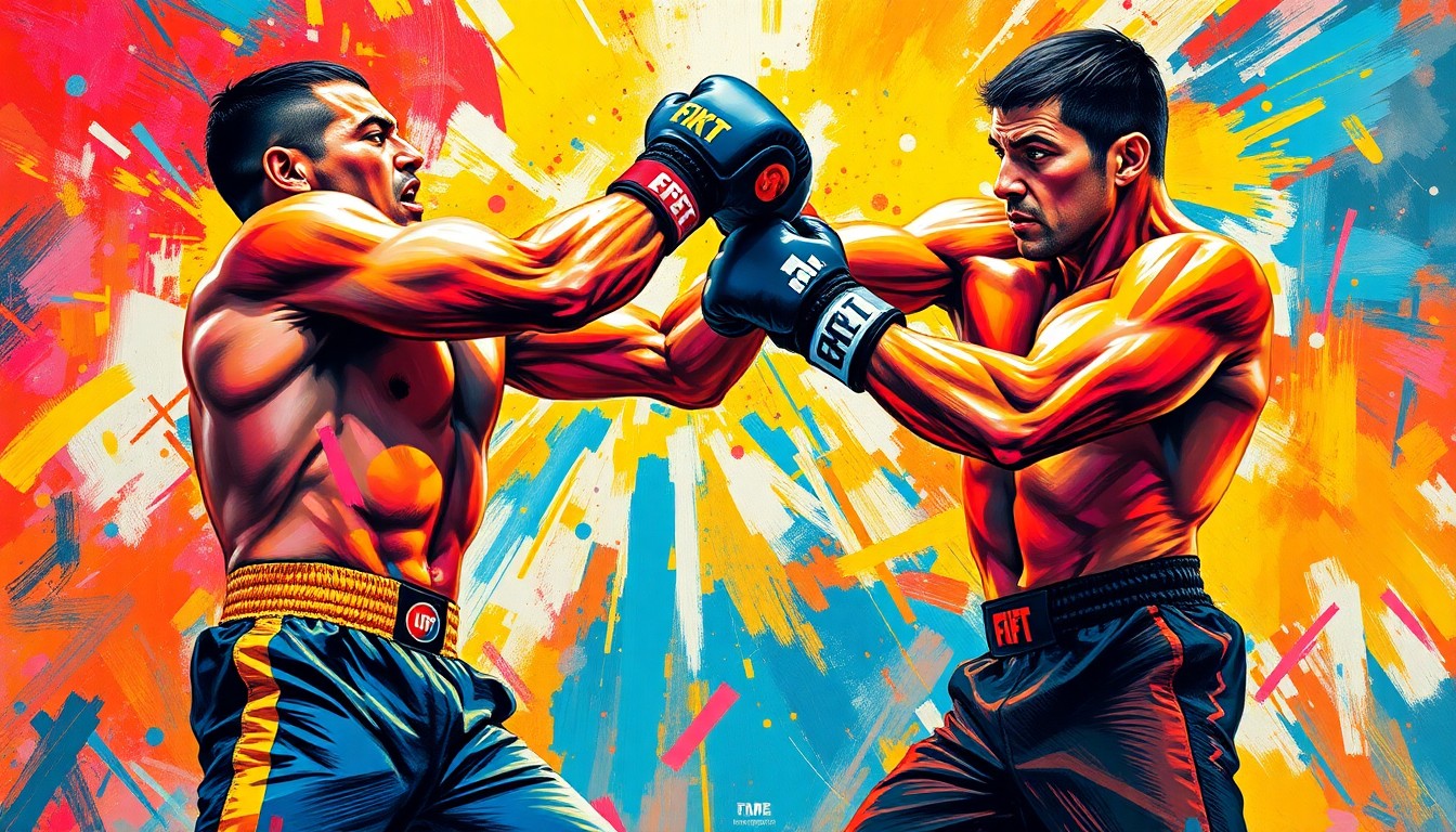 A dynamic, neon-colored painting depicting two muscular MMA fighters engaged in a high-intensity sparring session, their movements captured in a blur of vibrant brushstrokes that convey the raw power and athleticism of the sport.