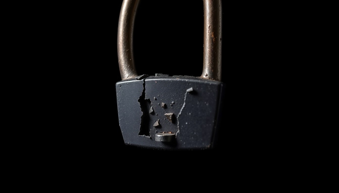 An extreme close-up photograph of a shattered bicycle lock, capturing the aftermath of a violent crime and the vulnerability of victims in retail parking lots.