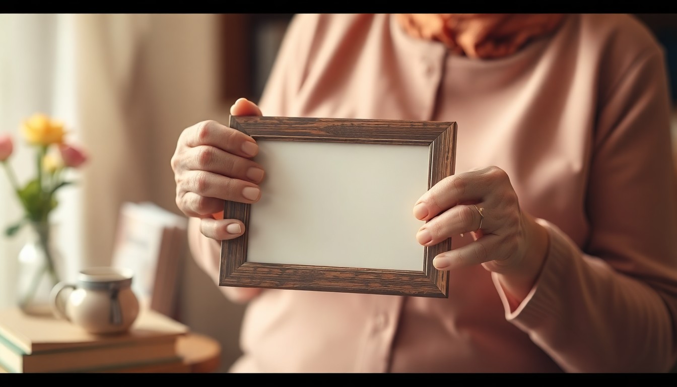 An extremely abstracted, out-of-focus photograph of an elderly woman's hands holding a framed photograph, surrounded by blurred lifestyle objects in soft pools of warm color and light, conceptually representing the life and legacy of a beloved community member.