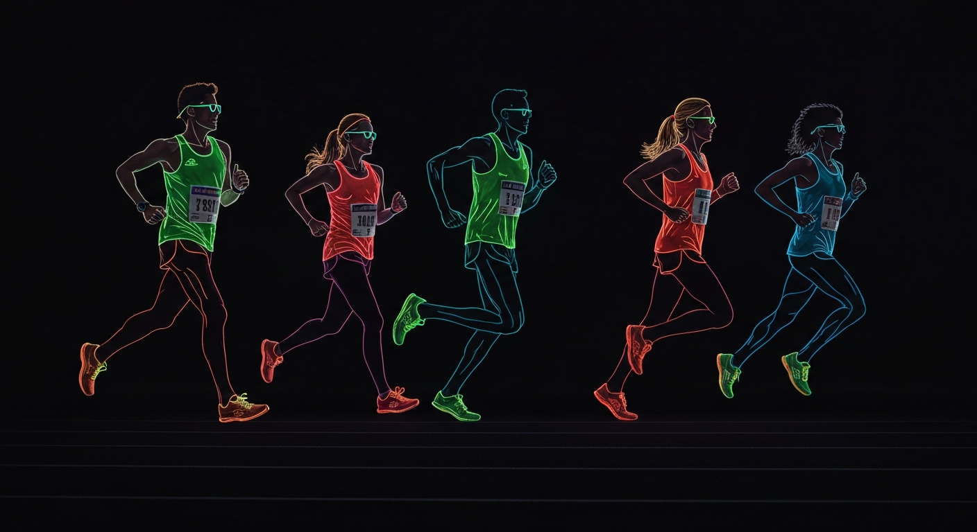 A minimalist illustration in the style of Keith Haring, featuring glowing neon outlines of runners in motion against a dark background, conceptually representing the energy and community of the Cherokee Nation Wings program.