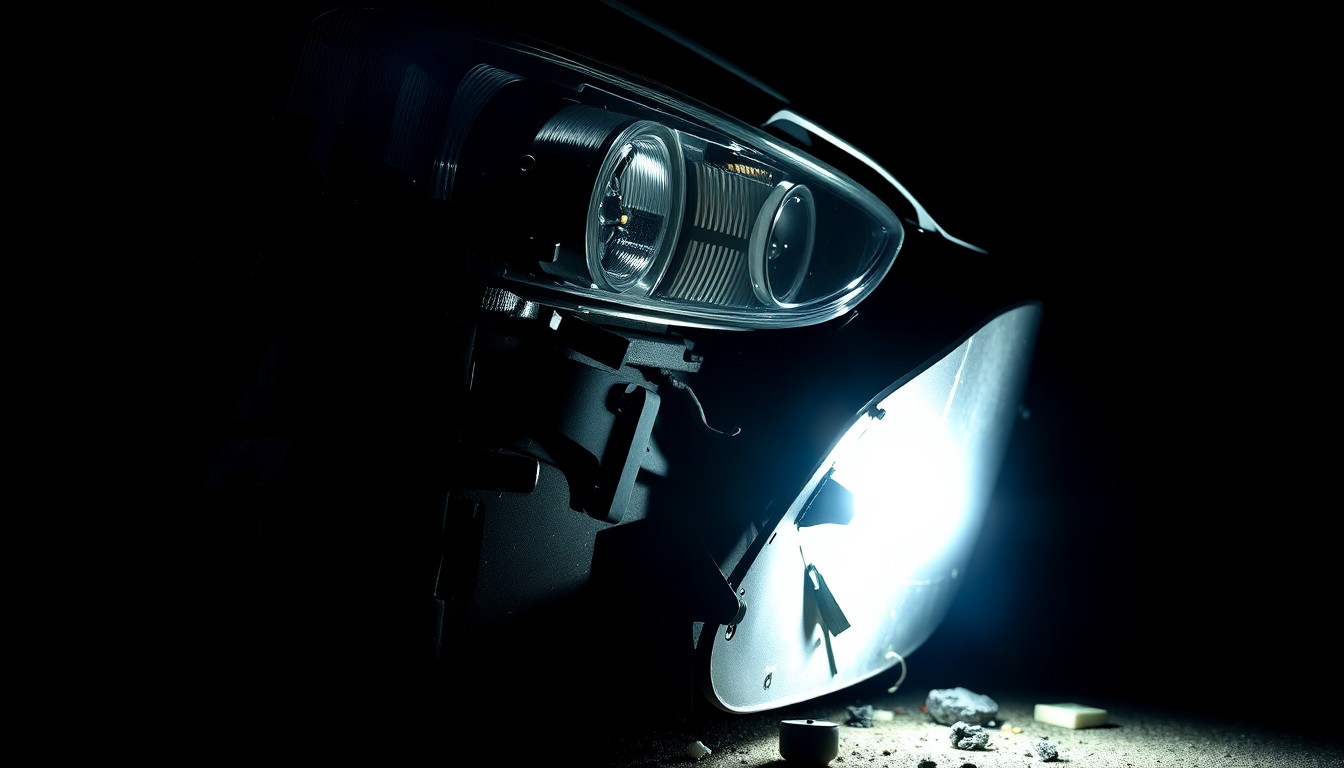 An extreme close-up photograph of a crumpled and charred car part, dramatically lit by a harsh flash against a dark background, conceptually representing the devastation caused by the fatal crash.