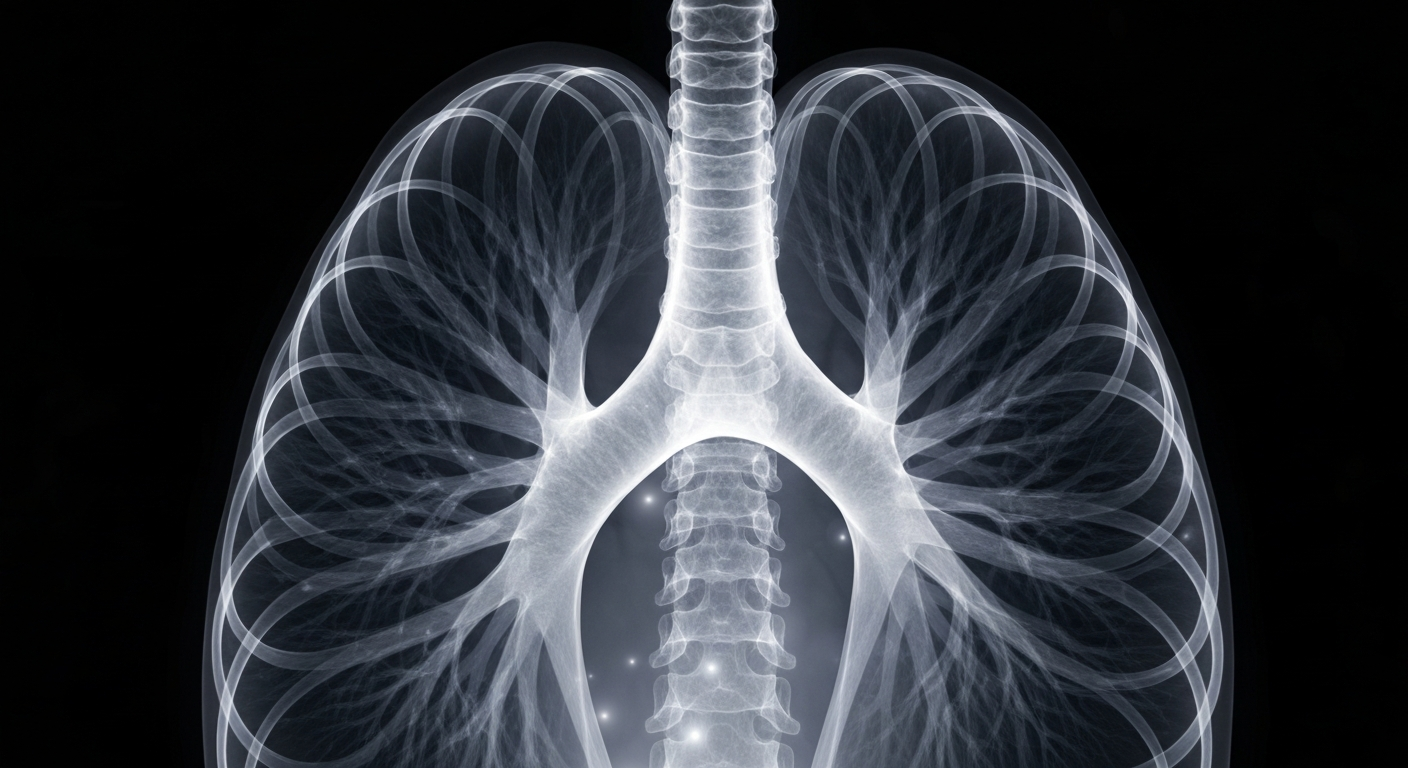 A ghostly, glowing X-ray photograph of a human lung, revealing its intricate internal structures and airways as delicate, pulsing lines against a dark background, conveying the fragility and importance of early lung cancer detection.