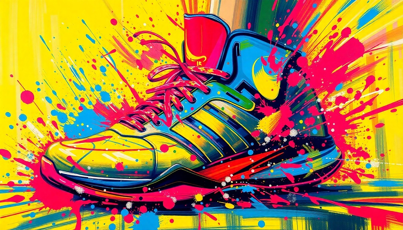 An abstract, expressionist painting featuring vibrant brushstrokes of neon colors that capture the raw energy and movement of basketball shoes, conceptually representing the excitement and impact of Steph Curry's sneaker auction for charity.