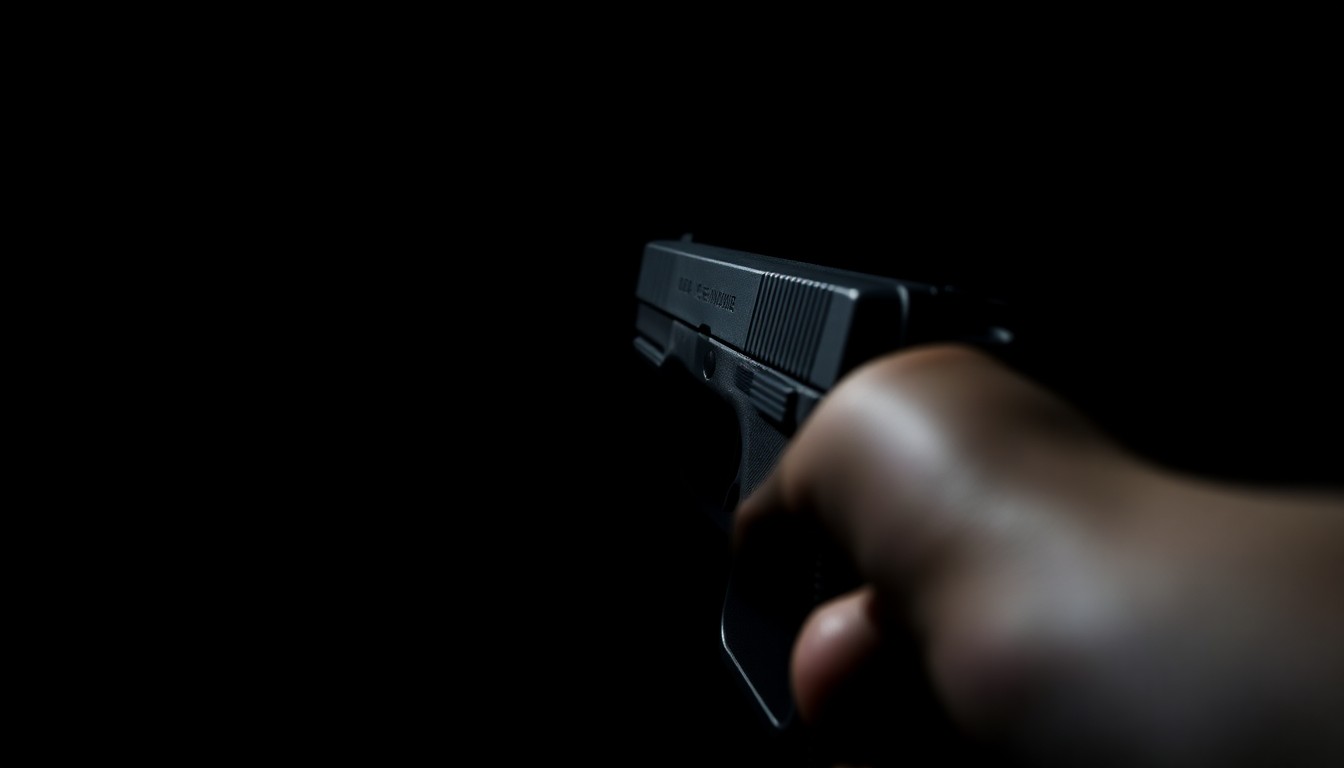 An extreme close-up of a gun trigger and grip, the harsh flash lighting creating a stark, gritty, investigative aesthetic without revealing any identifying details.