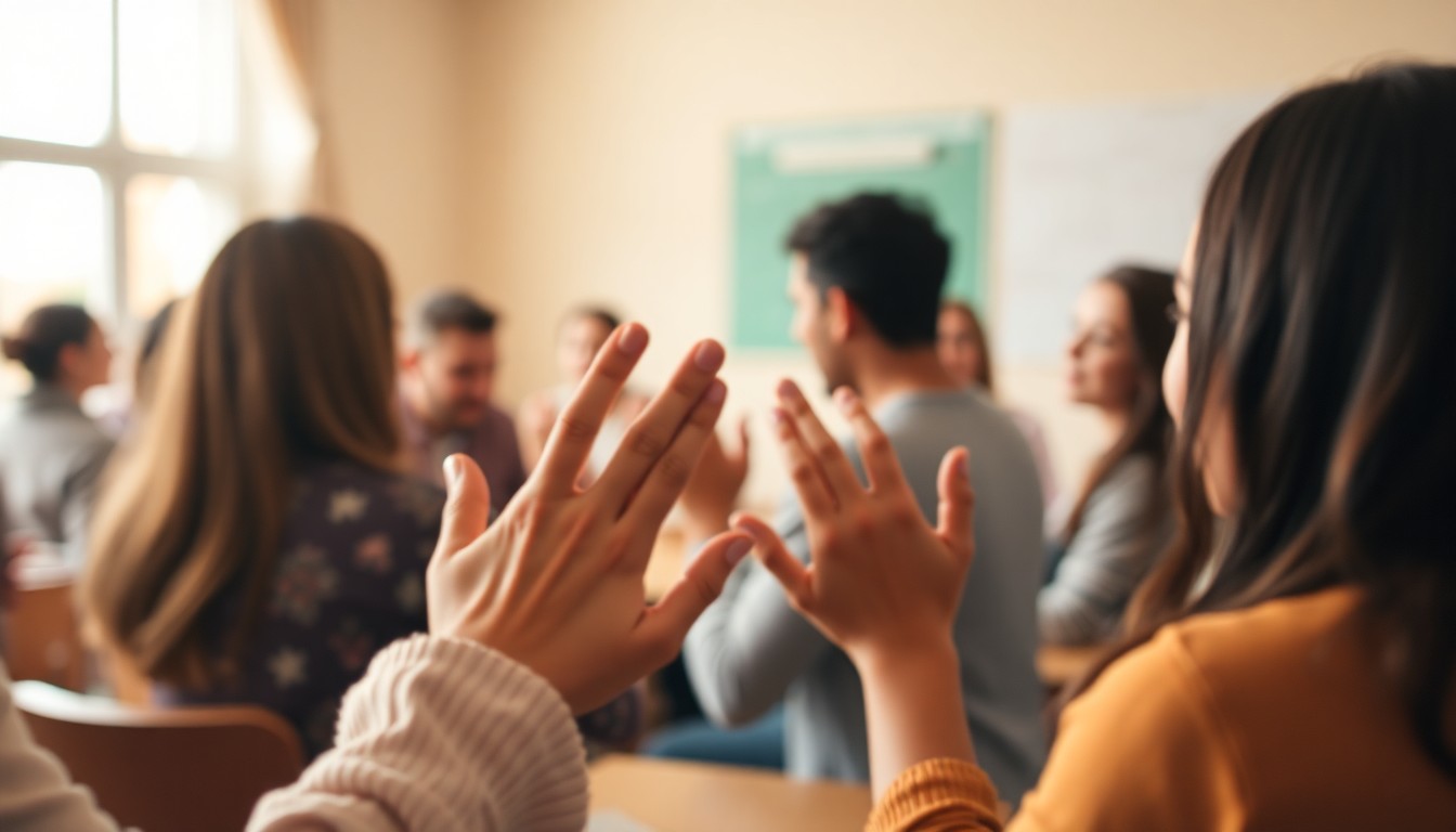 An out-of-focus photograph depicting the hands and body language of a group of people gathered in a classroom or community space, conveying a sense of connection and engagement around the topic of autism support and inclusion.