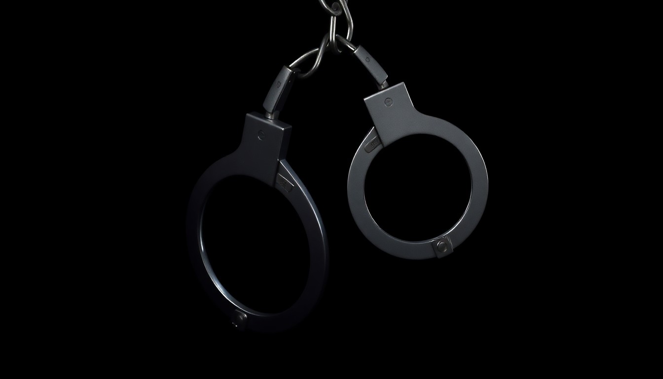 An extreme close-up photograph of a pair of handcuffs against a pitch-black background, lit by a harsh, direct camera flash, conceptually illustrating the apprehension of a suspect.