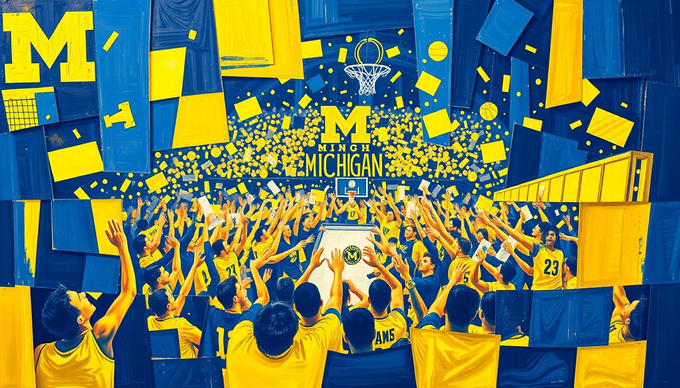 A fragmented, abstract painting in shades of blue and yellow, depicting the chaotic energy and overlapping perspectives of a championship celebration.