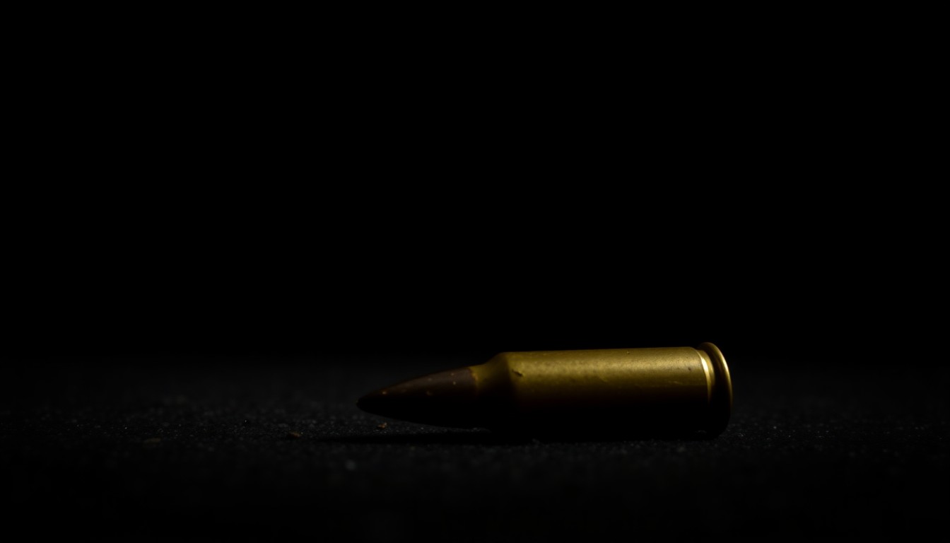 An extreme close-up photograph of a bullet casing or spent shell on the ground, lit by a harsh, direct camera flash against a pitch-black background, conceptually illustrating the gritty details of the ICE shooting incident.