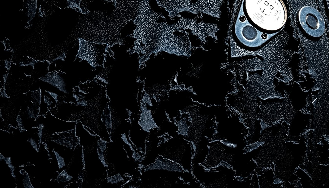 An extreme close-up photograph of shredded black leather, ripped denim, and cracked chrome metal textures in high-contrast studio lighting, conveying the gritty energy of a classic rock performance.
