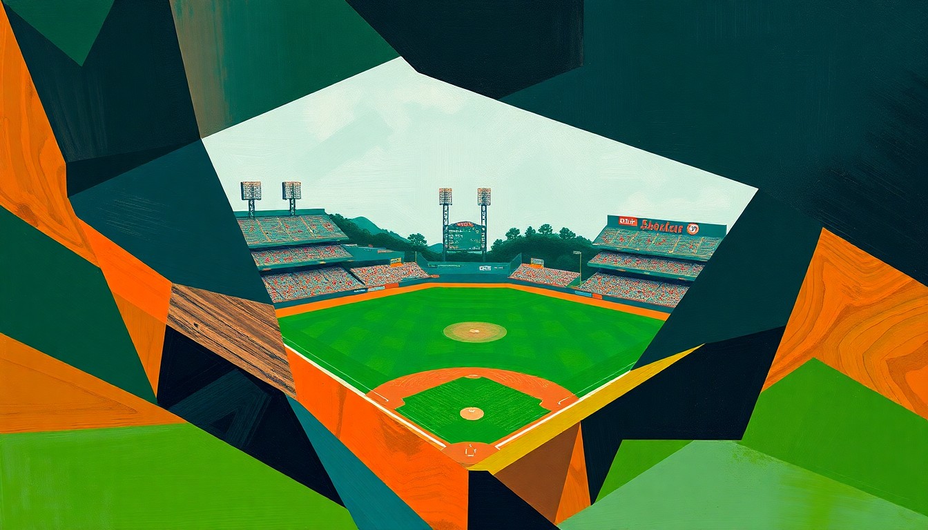A fractured, geometric painting depicting a baseball game broken down into sharp, overlapping planes of green, blue, and orange, conveying the conceptual idea of a canceled game and a team's shift in focus.