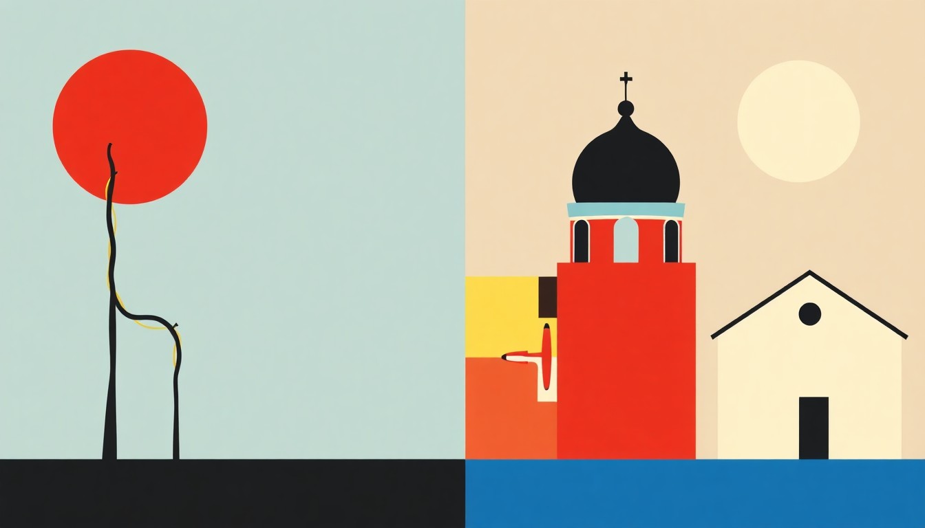 An abstract illustration using bold geometric shapes and primary colors to represent the competing energy policy goals and rate relief approaches in the Maryland House and Senate bills.