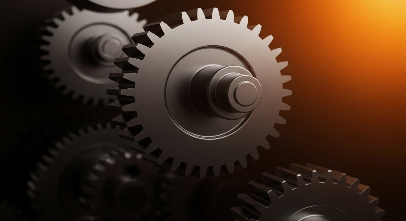 An extreme close-up of intricate, industrial-looking metal gears and machinery, conveying the secure, institutional nature of the rare coin trade without using any text or symbols.