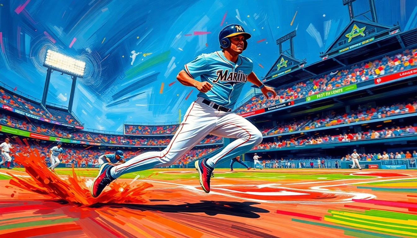 An abstract, expressionist painting in neon colors depicting a blurred figure sprinting across a baseball field, capturing the raw energy and motion of Elly De La Cruz's game-tying play.
