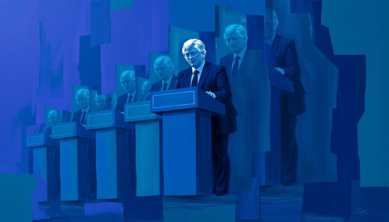 A vibrant, abstract painting featuring a fragmented and overlapping image of a political podium, conveying a sense of motion and energy around the high-stakes fundraising effort for the California governor's race.