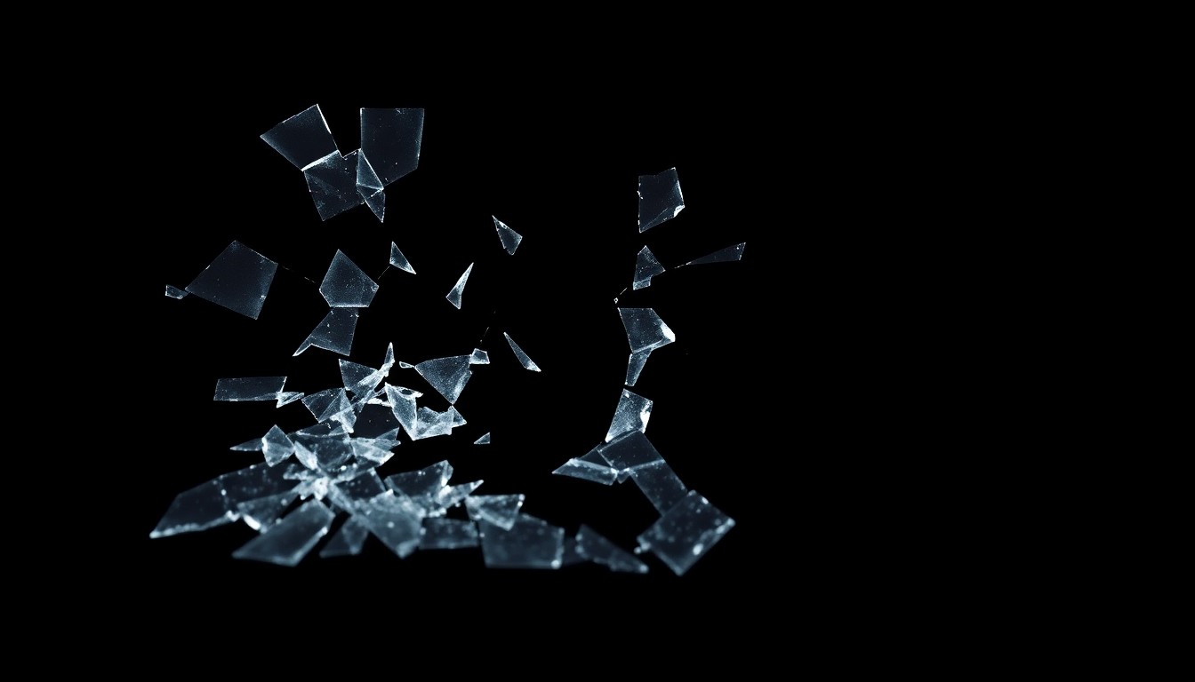An extreme close-up photograph of a shattered car windshield, the jagged, splintered glass conceptually representing the violent aftermath of a drunk driving crash.