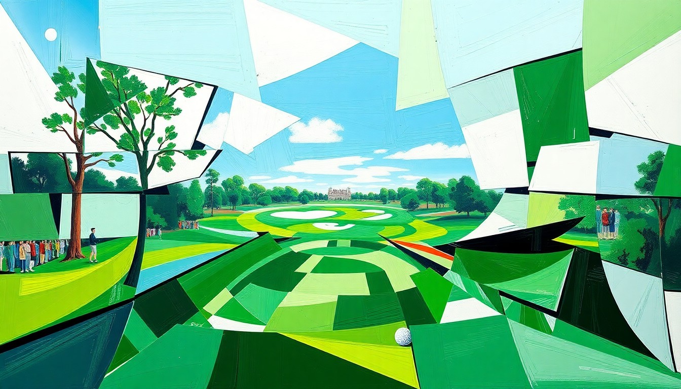 A cubist, geometric painting depicting a fragmented, multi-perspective view of a professional golf tournament, with sharp planes of emerald green, sky blue, and bright white, conceptually representing the coexistence of the PGA Tour and LIV Golf.