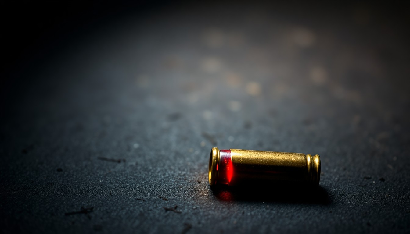 An extreme close-up photograph of a single spent bullet casing on a dark, textured surface, lit by a harsh camera flash. The casing reflects a faint red glow, conceptually representing the violence and trauma of a recent shooting incident.