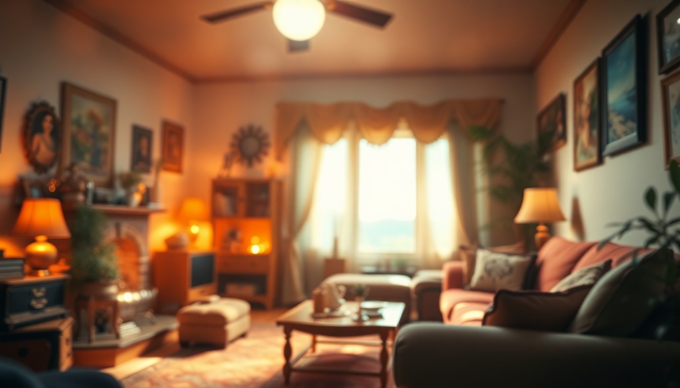 An extremely abstracted, out-of-focus photograph of a cozy living room scene, with warm pools of light and color creating a nostalgic, intimate atmosphere that suggests a lifetime of memories.