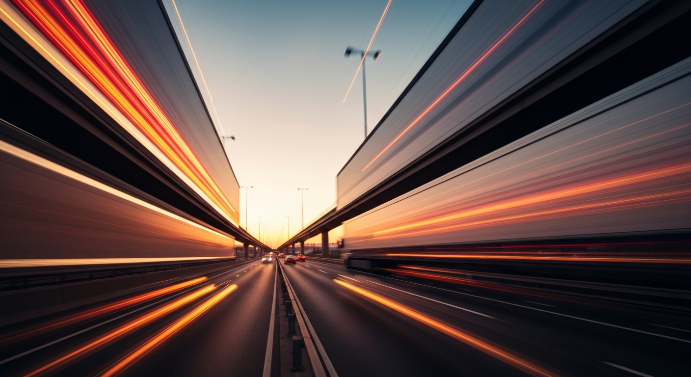 A blurred, abstract photograph depicting the motion of vehicles on a highway overpass, with vibrant streaks of color representing the speed and energy of modern transportation.