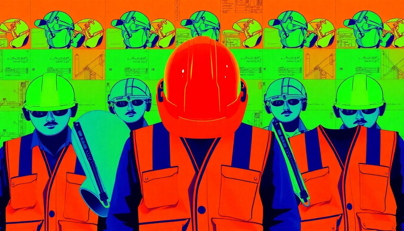 A vibrant, high-contrast silkscreen illustration featuring a repeating grid of construction hard hats, safety vests, and blueprints in a bold, pop art style, conceptually representing the interdisciplinary skills and visionary approach of the new Albert School of Construction.