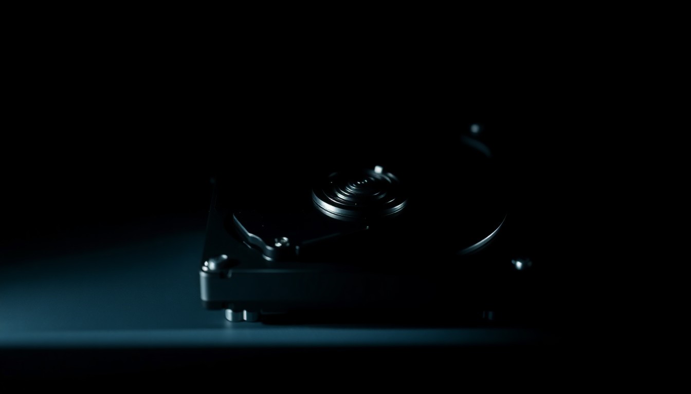 An extreme close-up photograph of a computer hard drive or server component, lit by a harsh, direct camera flash against a pitch-black background, conceptually illustrating the breach of confidential law enforcement data.