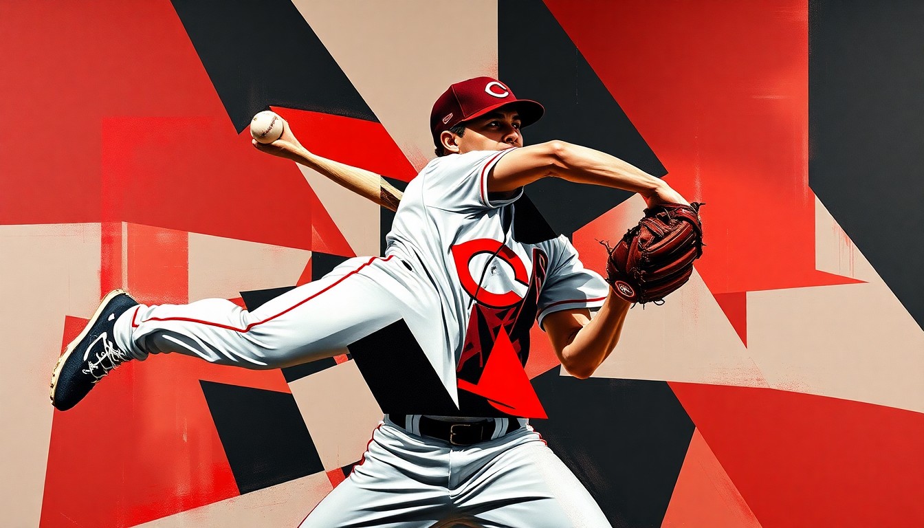 A cubist, geometric painting depicting a baseball pitcher's motion broken down into overlapping planes of scarlet red, black, and white, representing the Cincinnati Reds' organizational depth and future potential.