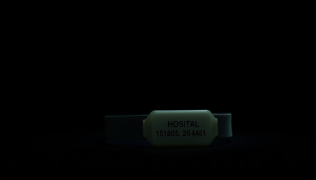 An extreme close-up photograph of a hospital ID bracelet or other small medical object, lit by a harsh, direct camera flash against a pitch-black background, conveying a stark, gritty, investigative mood about a missing person case.