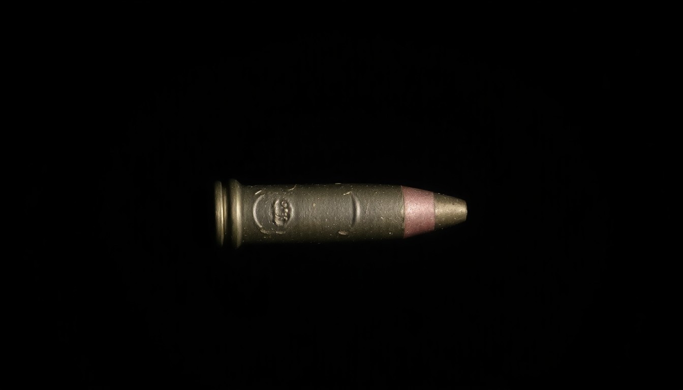 An extreme close-up photograph of a single spent bullet casing, its metallic surface reflecting the harsh light of the camera flash against a pitch-black background, conceptually representing the gritty aftermath of the downtown Idaho Falls shooting incident.