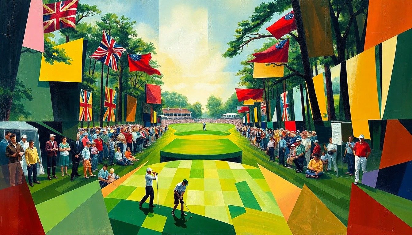 A fractured, geometric painting depicting a golf tournament or competition at Augusta National, with sharp, overlapping planes of color and form representing the dynamic and unpredictable nature of the event.